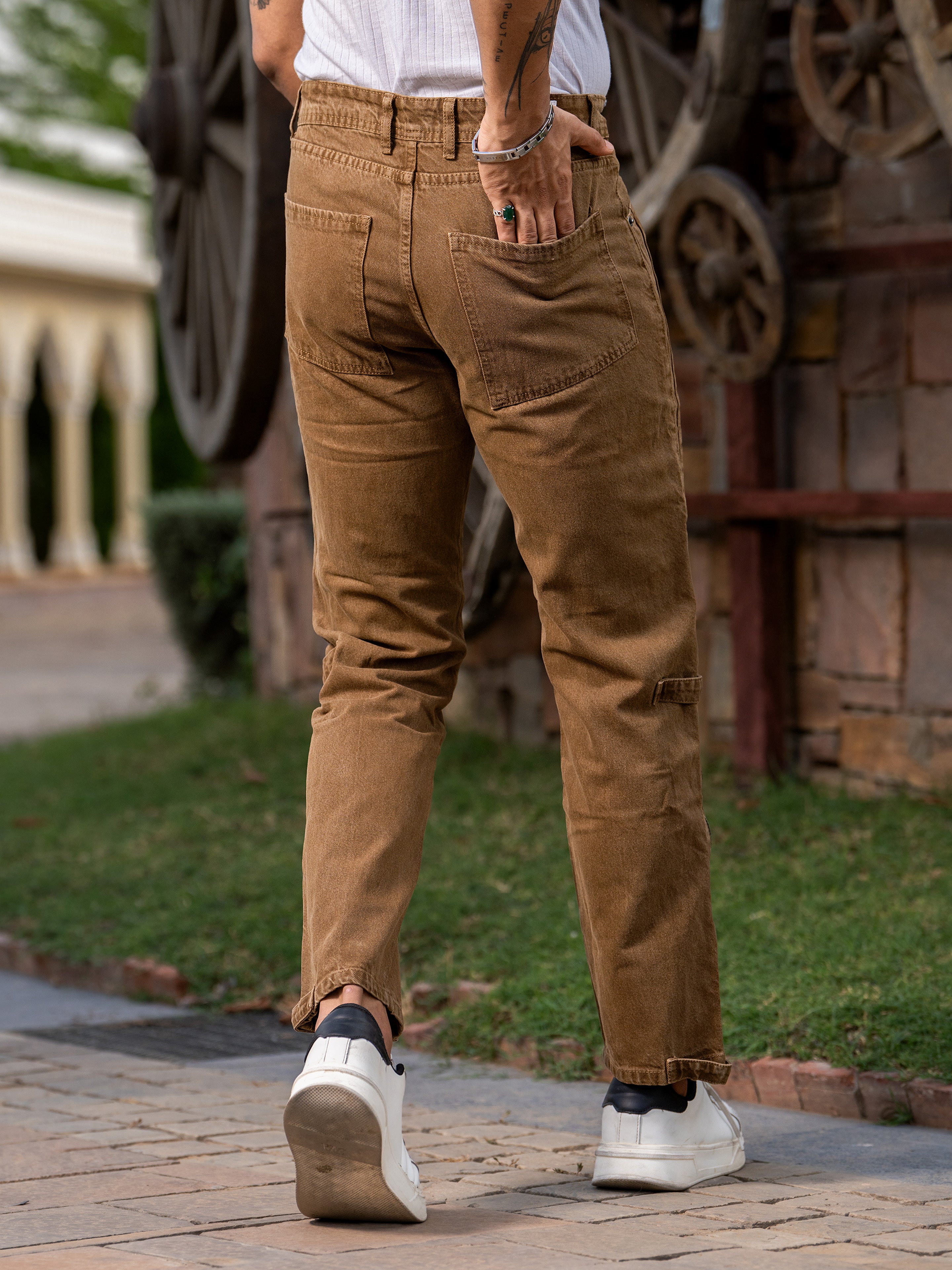 Camel Brown Straight Fit Side Zipper Cargo Denim Jeans