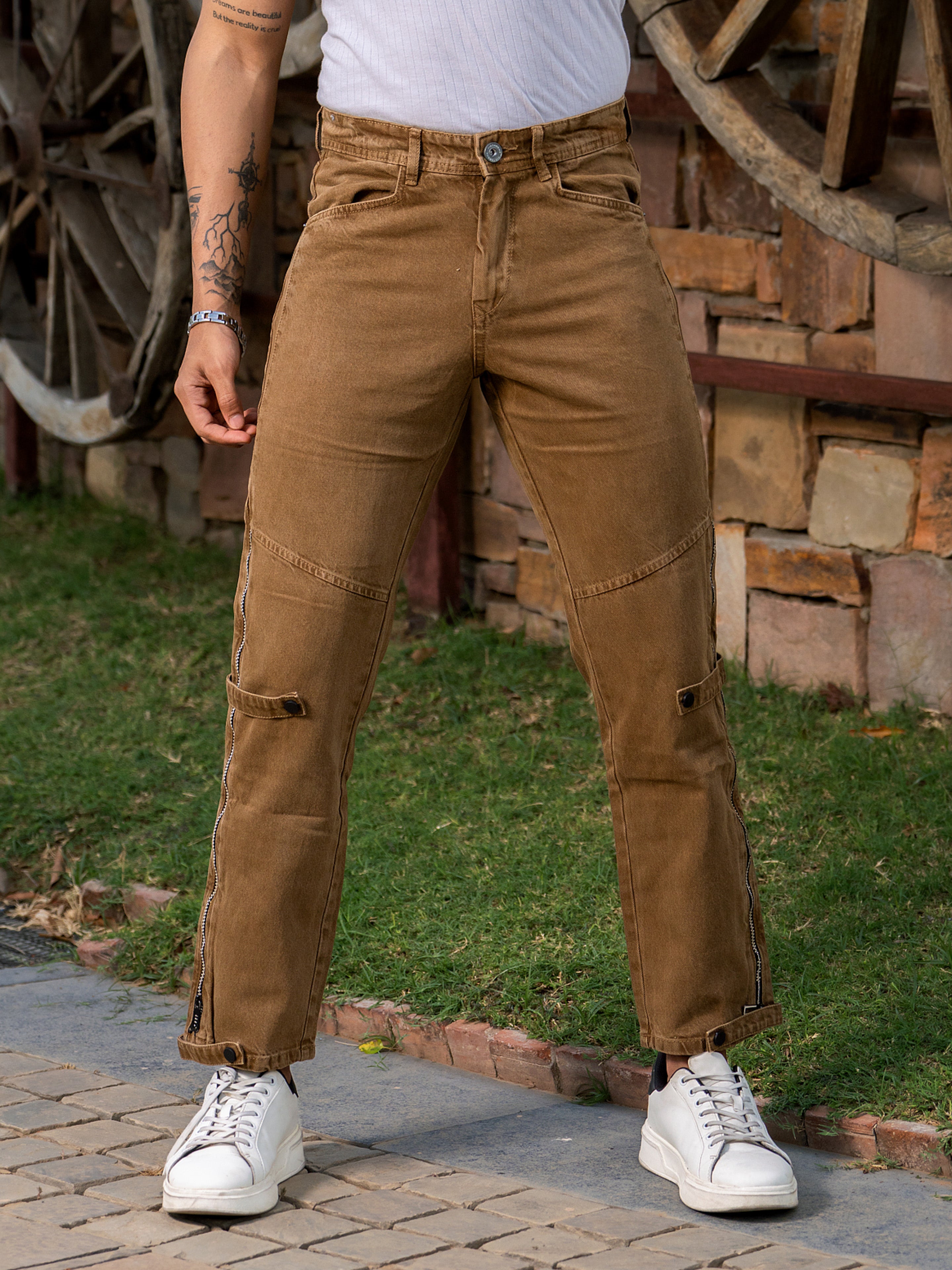Camel Brown Straight Fit Side Zipper Cargo Denim jeans
