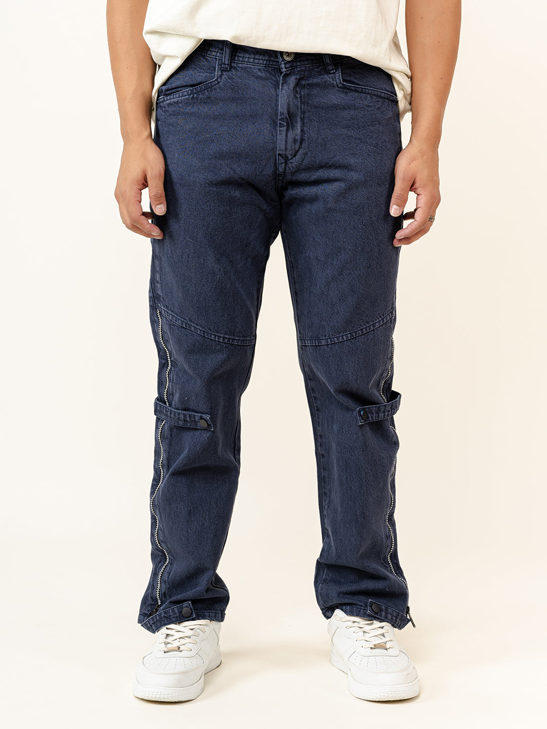 Blue Straight Fit Side Zipper Denim Jeans