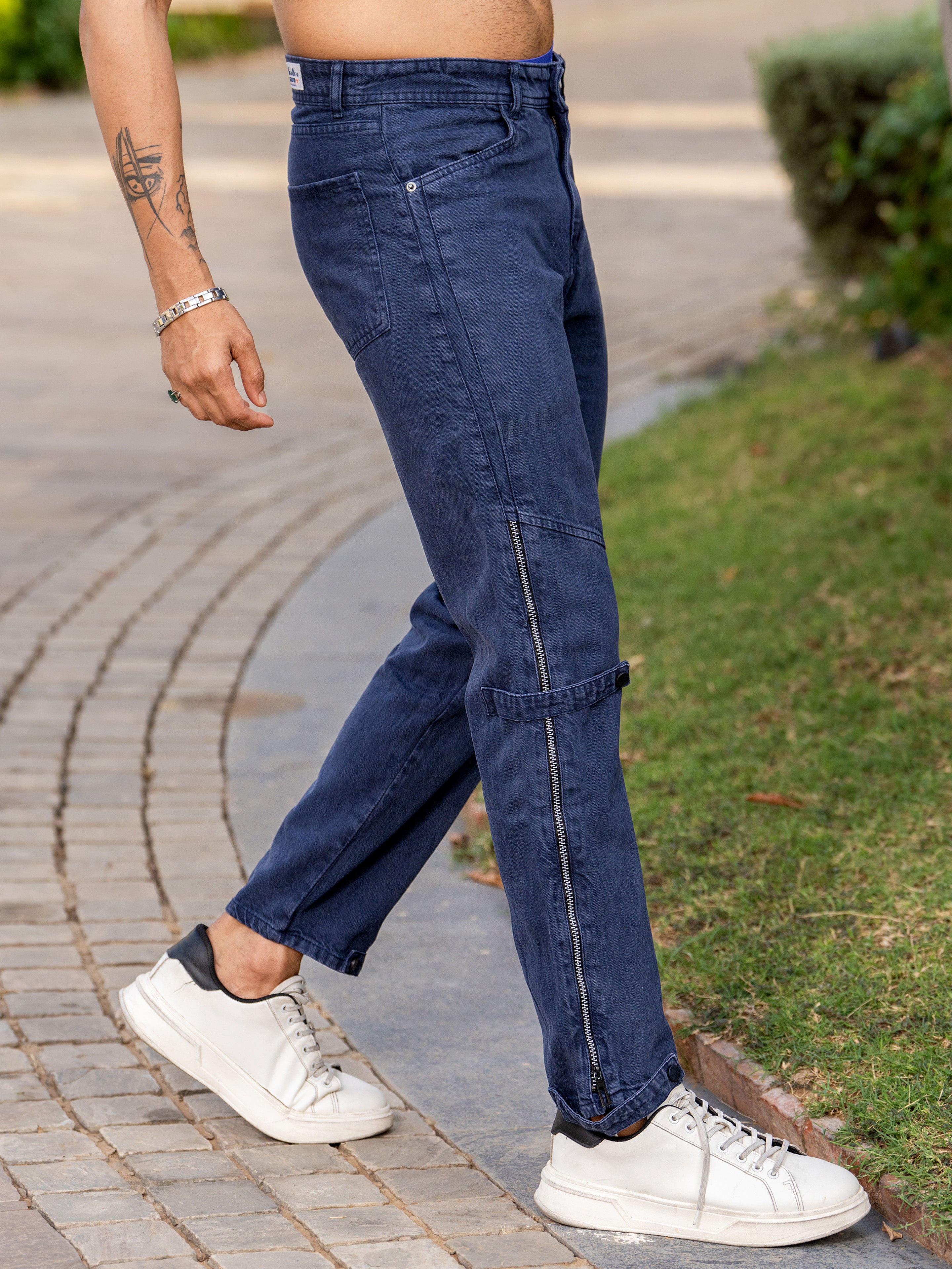 Blue Straight Fit Side Zipper Cargo Denim Jeans