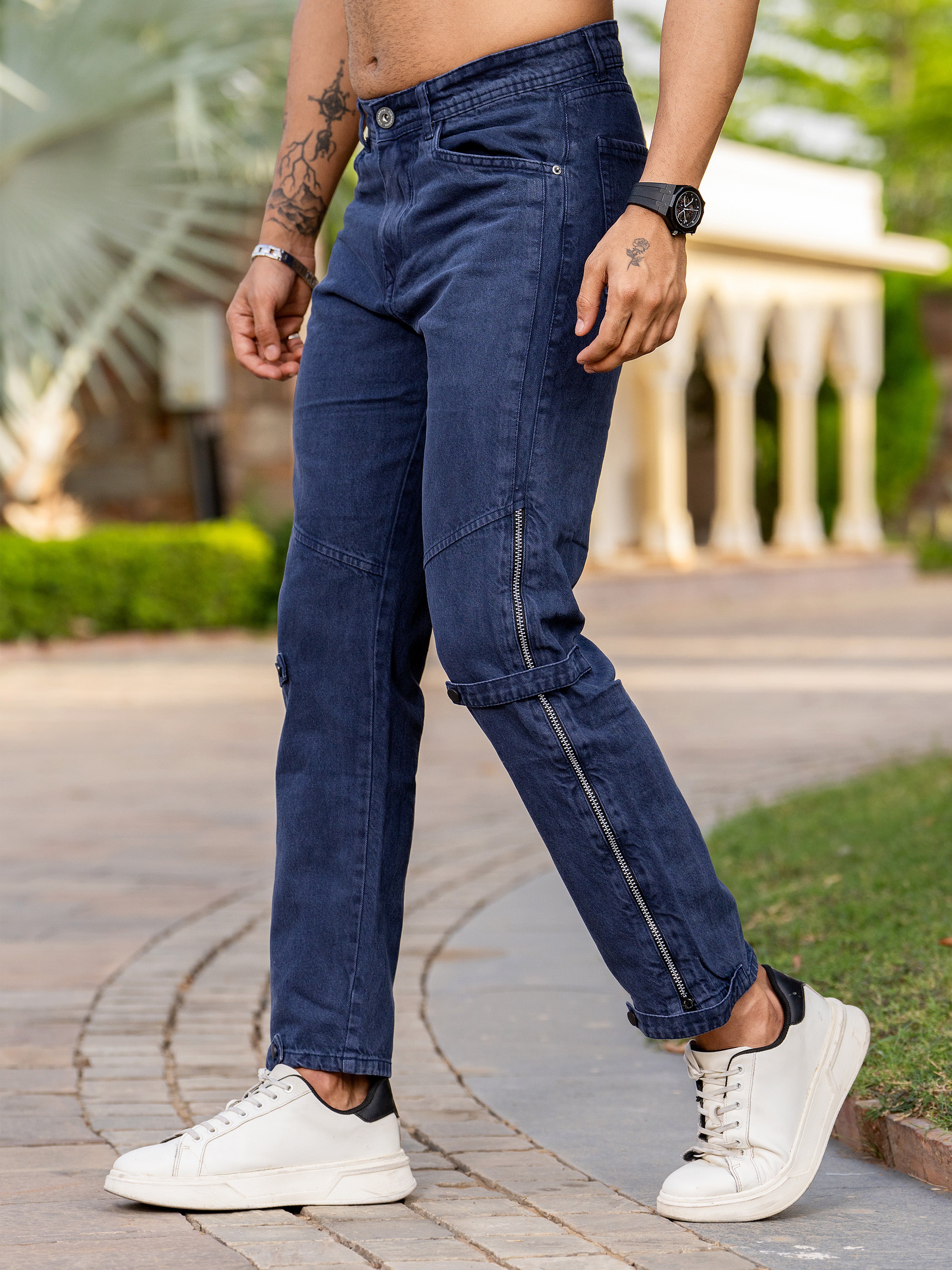 Blue Straight Fit Side Zipper Cargo Denim Jeans
