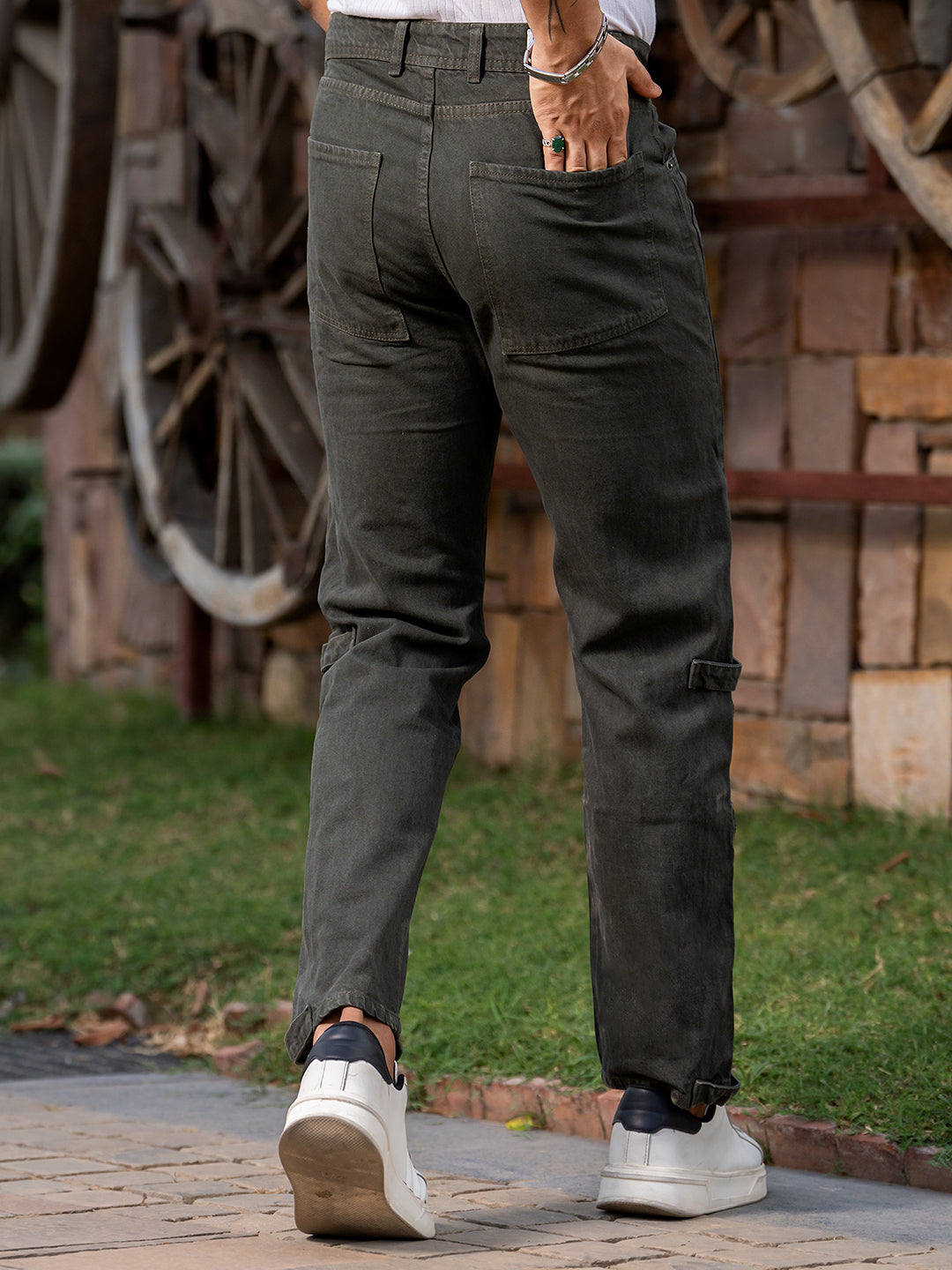 Hunter Green Straight Fit Side Zipper Cargo  Denim Jeans
