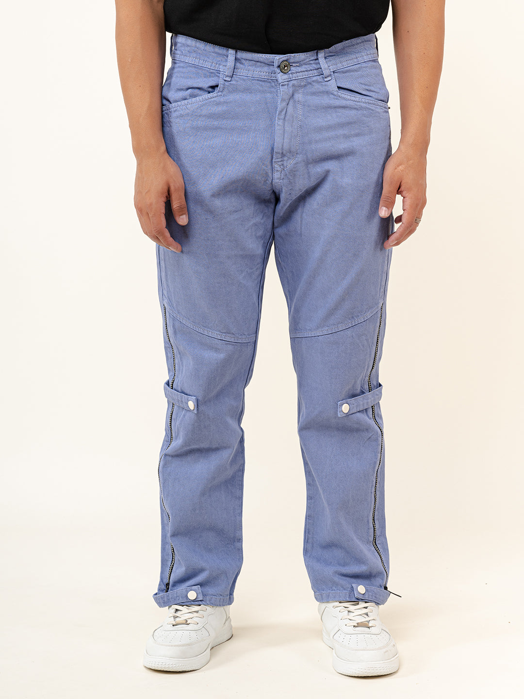 Light Blue Straight Fit Side Zipper Denim Cargo