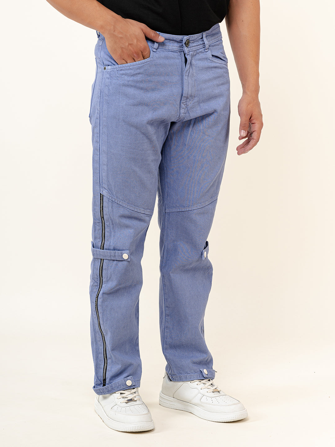 Light Blue Straight Fit Side Zipper Denim Cargo