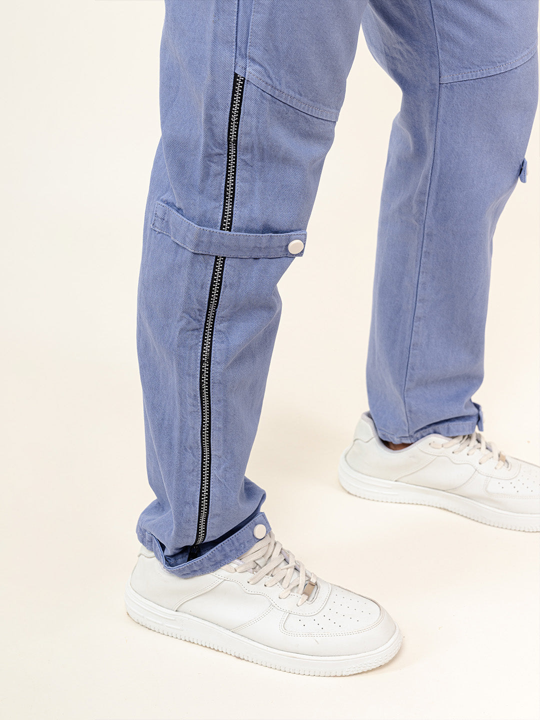 Light Blue Straight Fit Side Zipper Denim Cargo