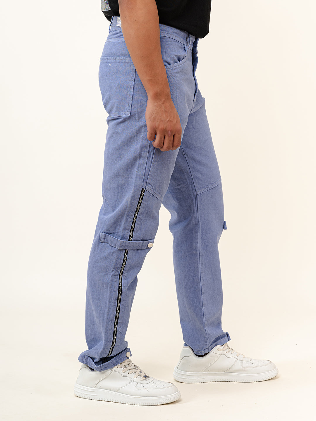 Light Blue Straight Fit Side Zipper Denim Cargo