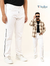 White Straight Fit Side Zipper  Denim Jeans