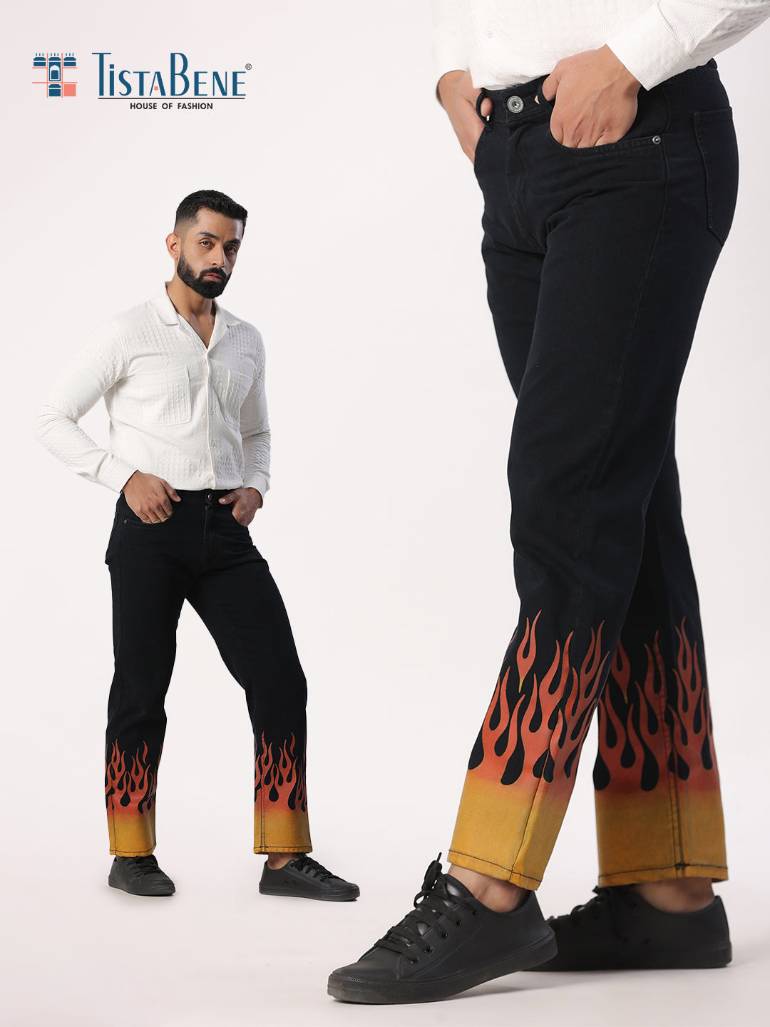 Flame Printed Straight Fit Black Denim Jeans