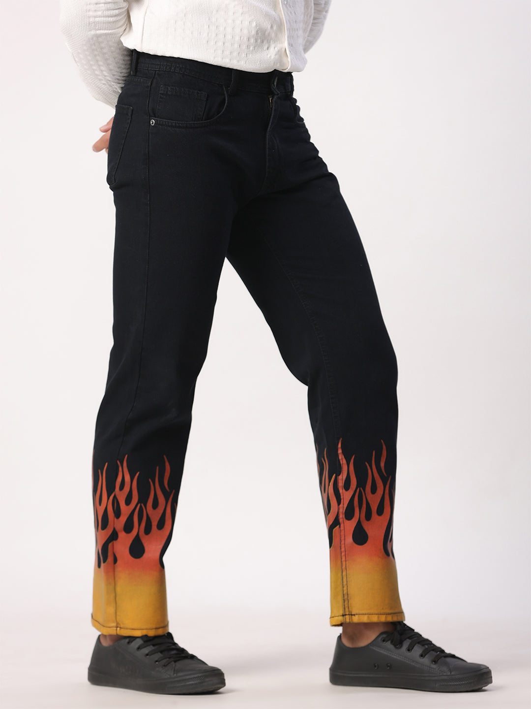 Flame Printed Straight Fit Black Denim Jeans