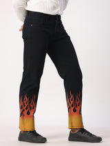 Flame Printed Straight Fit Black Denim Jeans