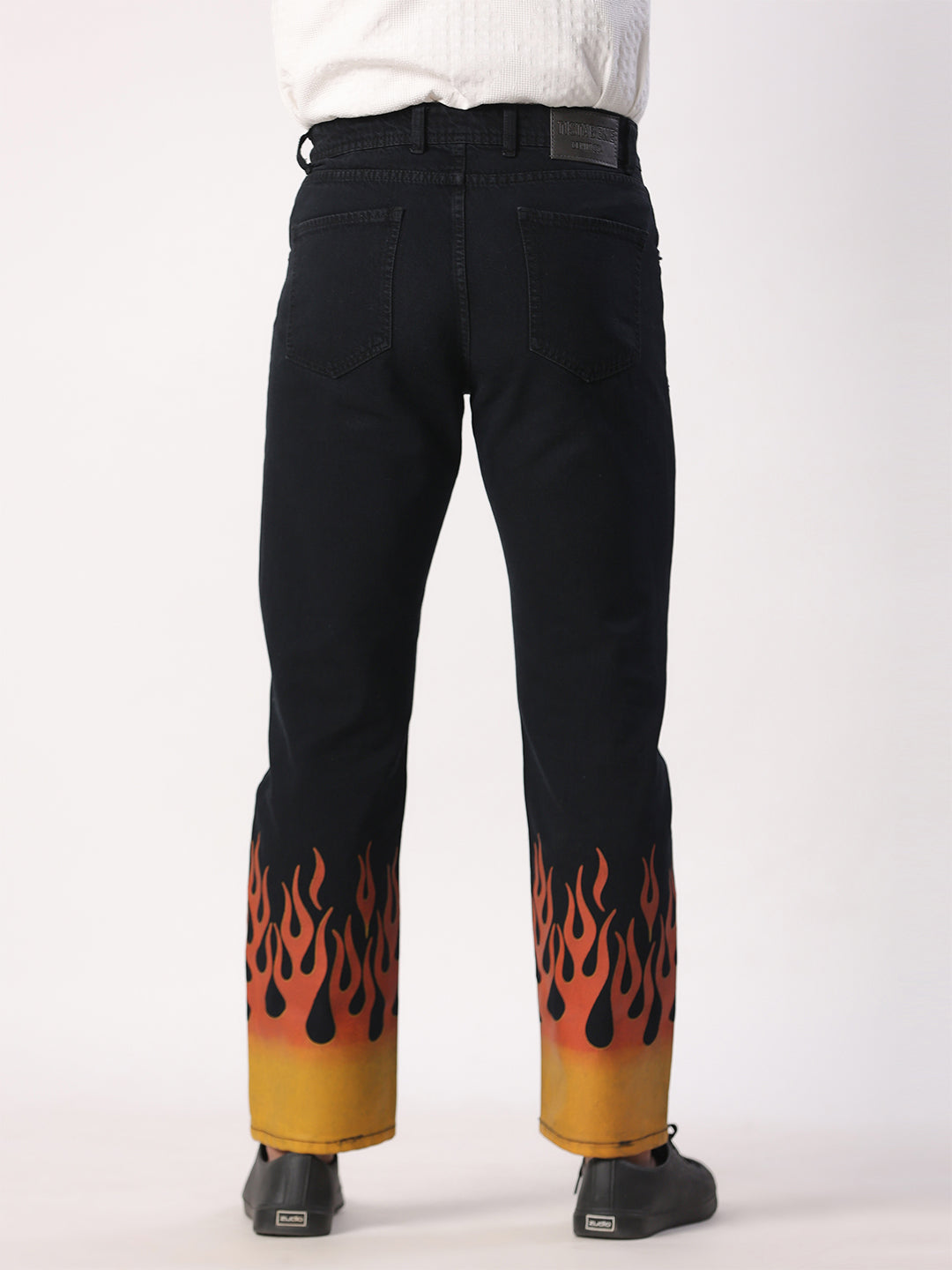 Flame Printed Straight Fit Black Denim Jeans