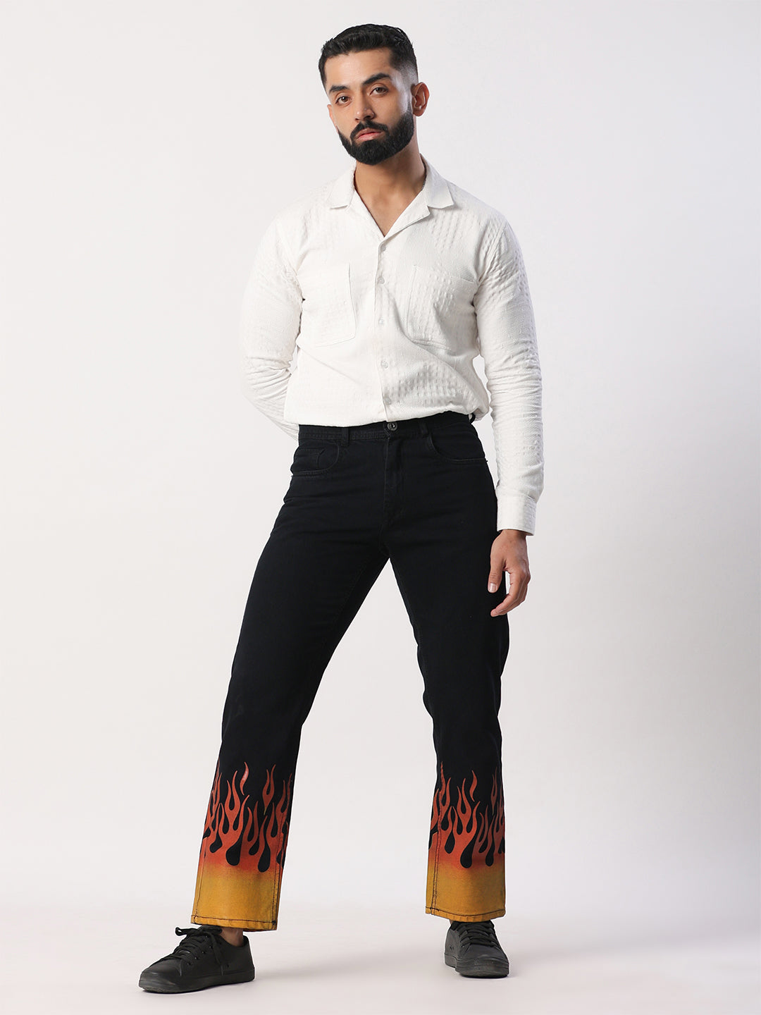 Flame Printed Straight Fit Black Denim Jeans