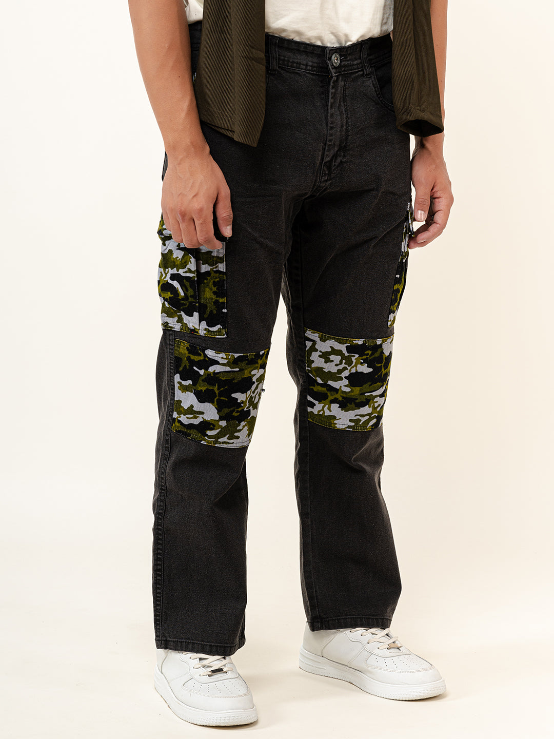 Black Straight Fit Denim Cargo