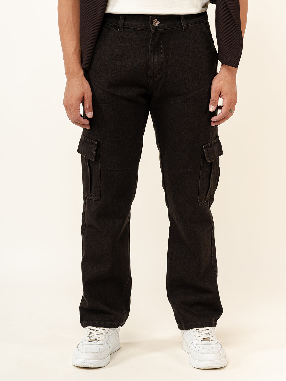 Dark Brown Straight Fit Cargo Denim Jeans