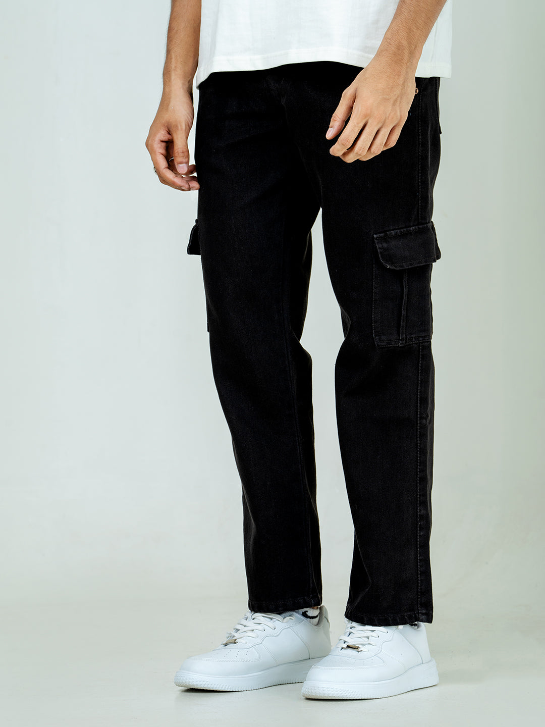 Black Straight Fit Cargo Denim Jeans