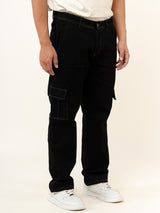 Jet Black Straight Fit Cargo Denim Jeans