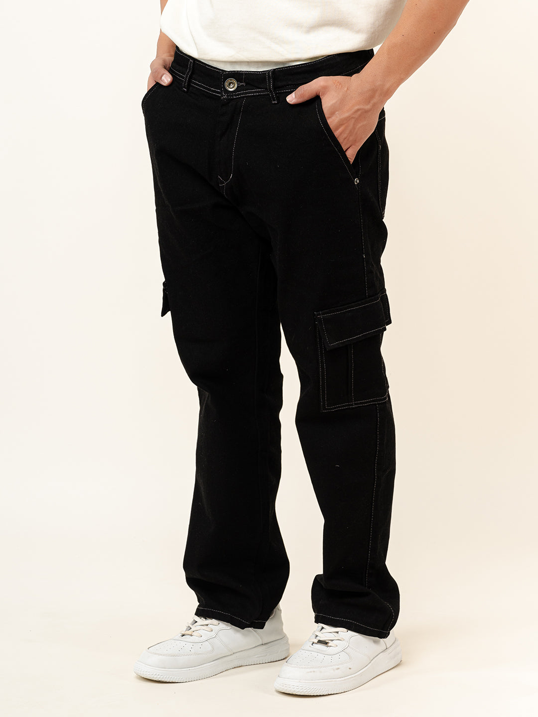 Jet Black Straight Fit Cargo Denim Jeans