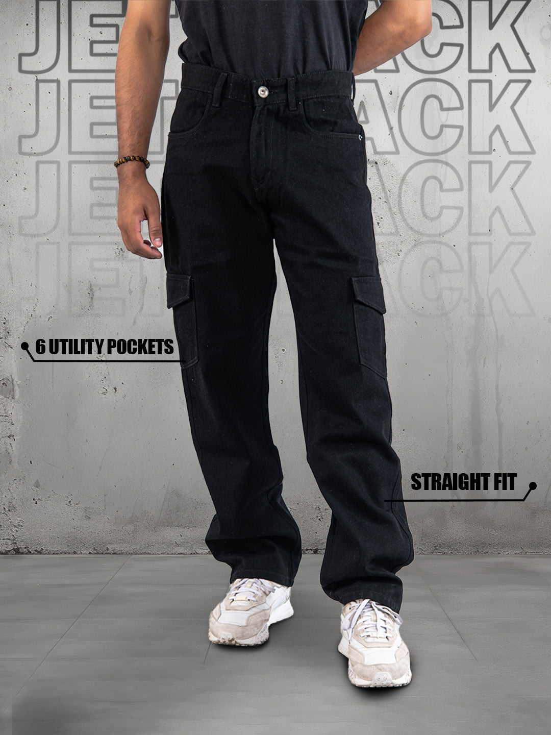 Jet Black Straight Fit Men's Cargo Denim Jeans