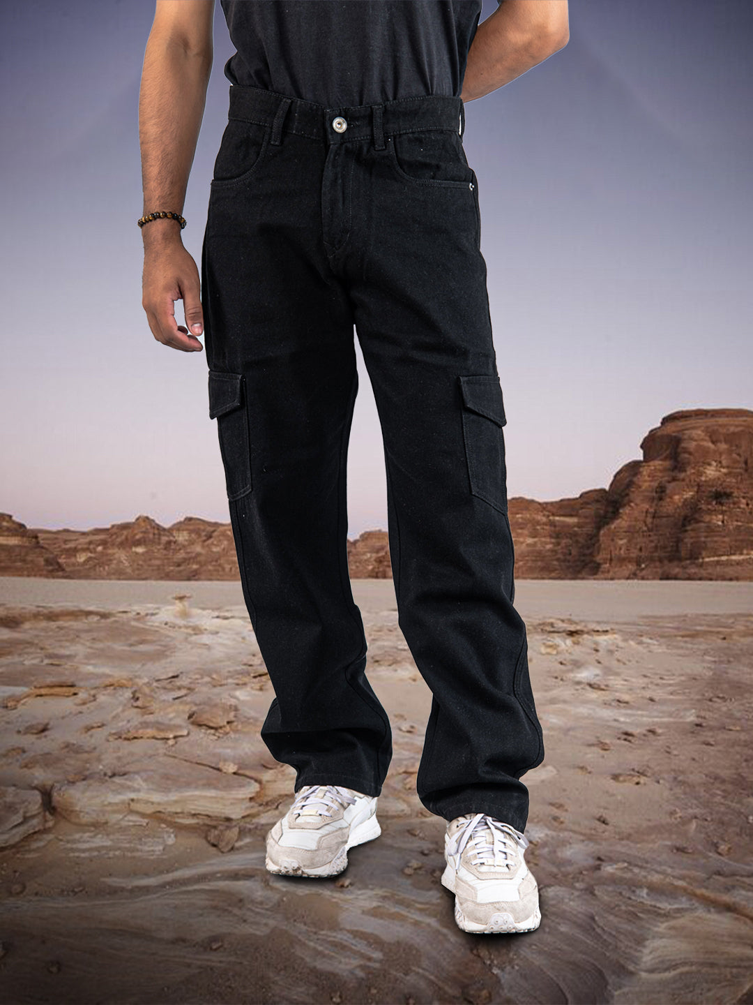 Jet Black Straight Fit Men's Cargo Denim Jeans