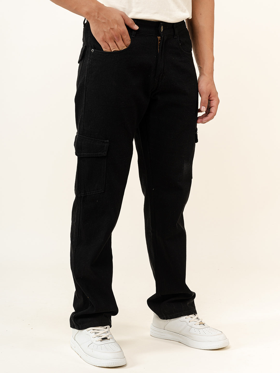 Jet Black Straight Fit Men's Cargo Denim Jeans