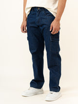 Dark Blue Straight Fit Men's Cargo Denim Jeans