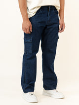 Dark Blue Straight Fit Men's Cargo Denim Jeans