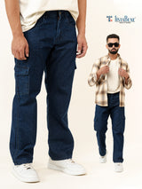 Dark Blue Straight Fit Men's Cargo Denim Jeans