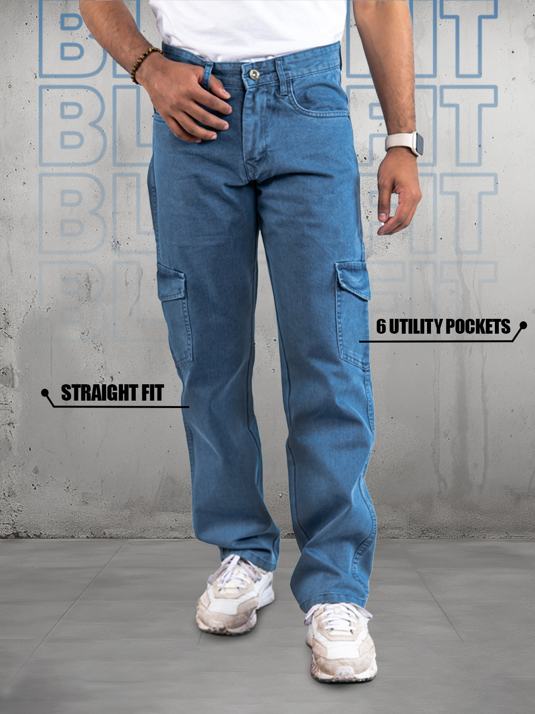 Blue Straight Fit Men's Cargo Denim Jeans
