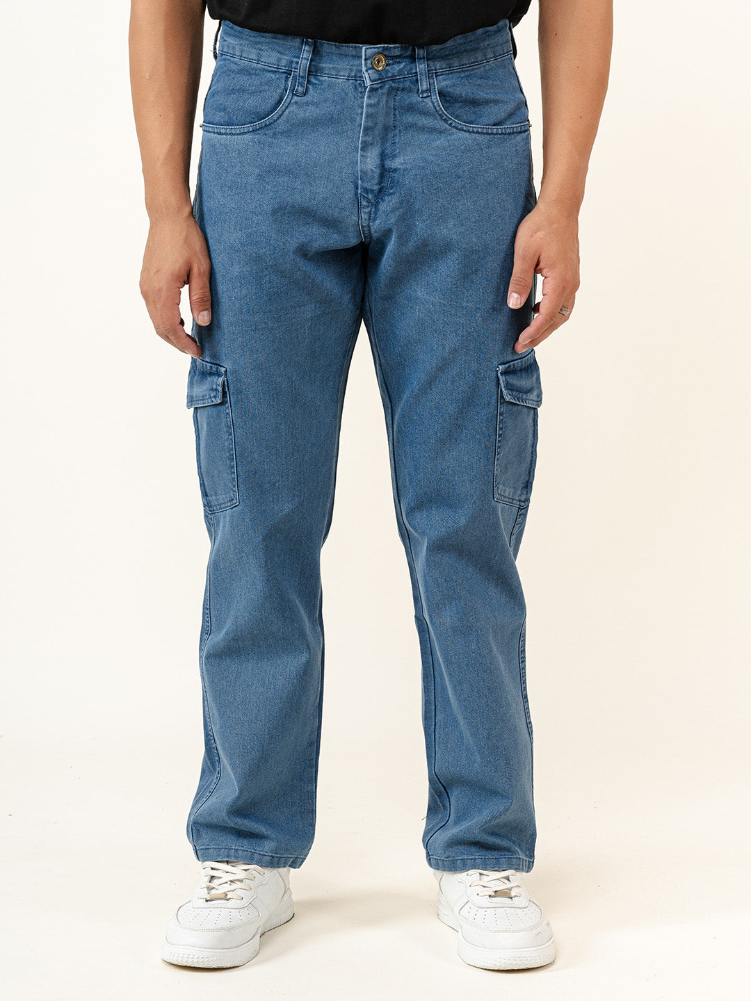 Blue Straight Fit Men's Cargo Denim Jeans