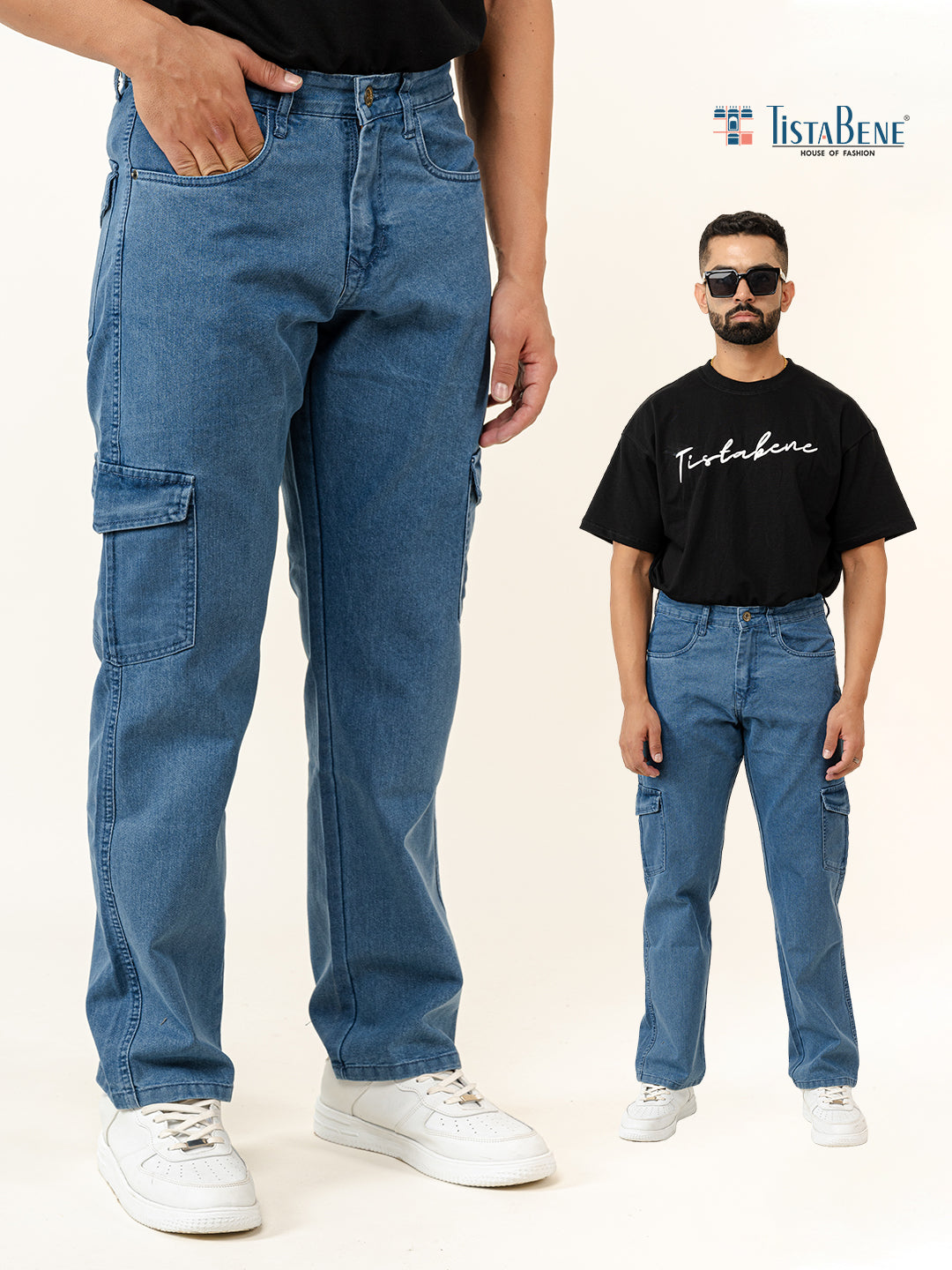 Blue Straight Fit Men's Cargo Denim Jeans