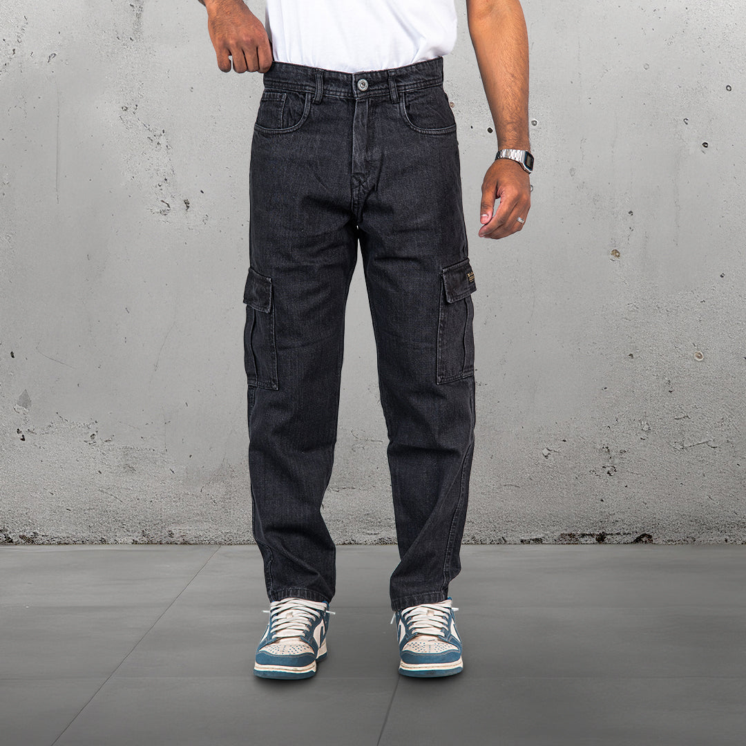 Carbon Black Baggy-Fit Cargo Denim Jeans