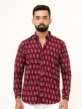 Full Sleeve Burgundy Leaf Printed Shirt