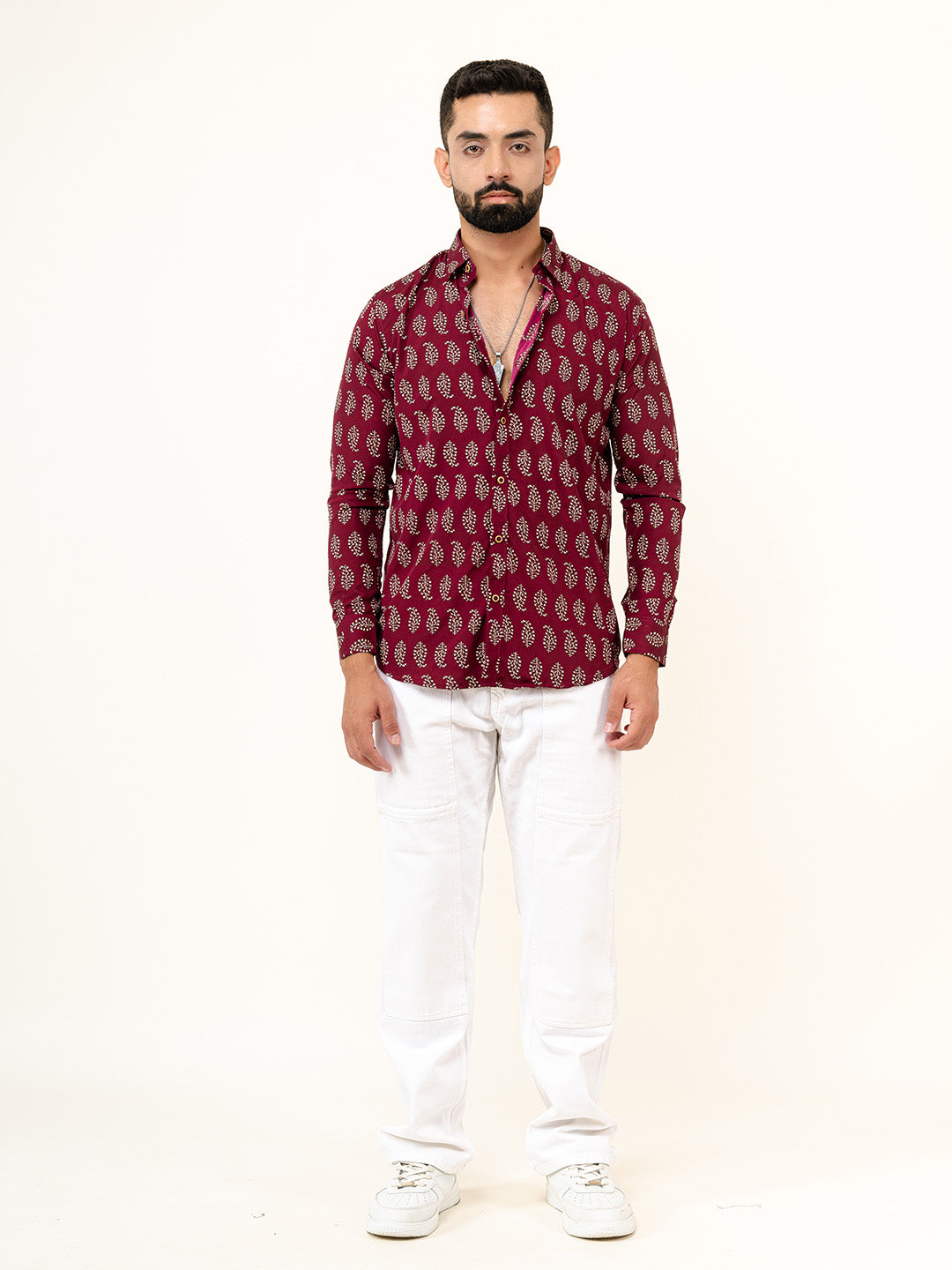 Full Sleeve Burgundy Leaf Printed Shirt