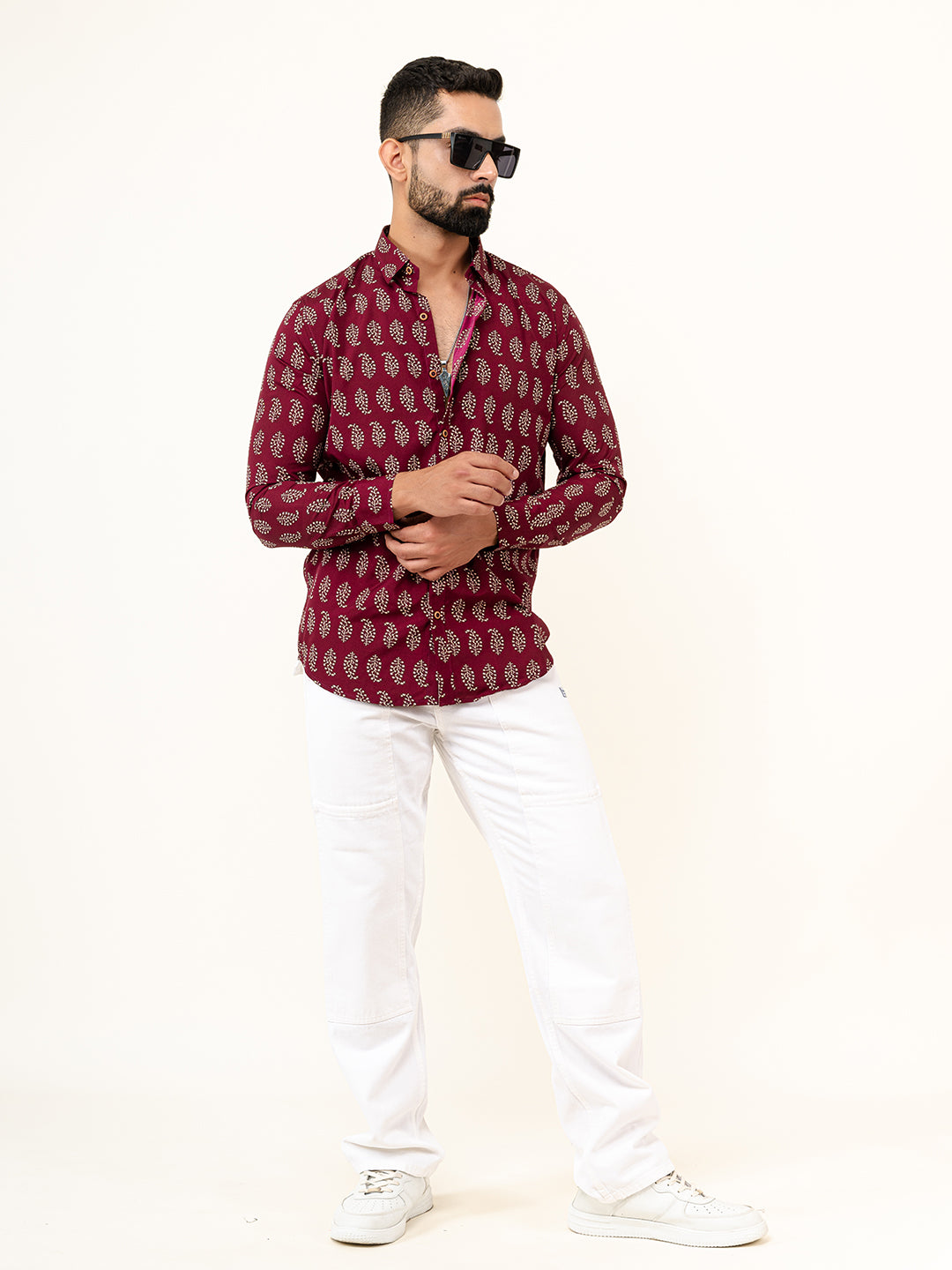 Full Sleeve Burgundy Leaf Printed Shirt