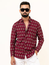 Full Sleeve Burgundy Leaf Printed Shirt