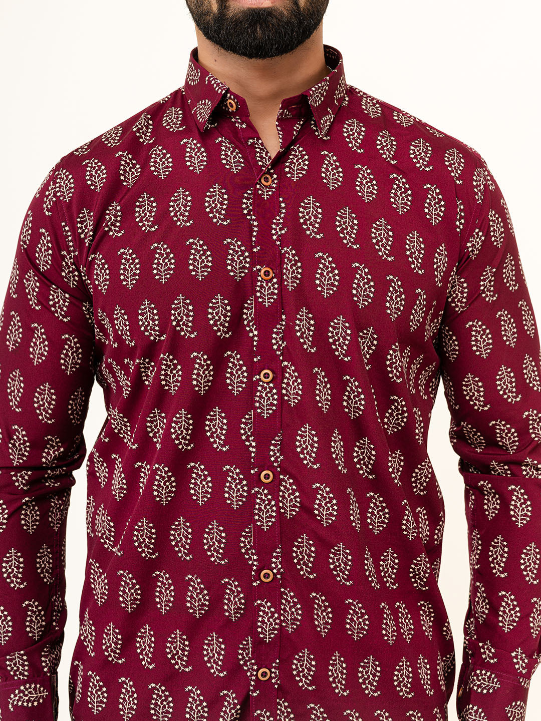 Full Sleeve Burgundy Leaf Printed Shirt