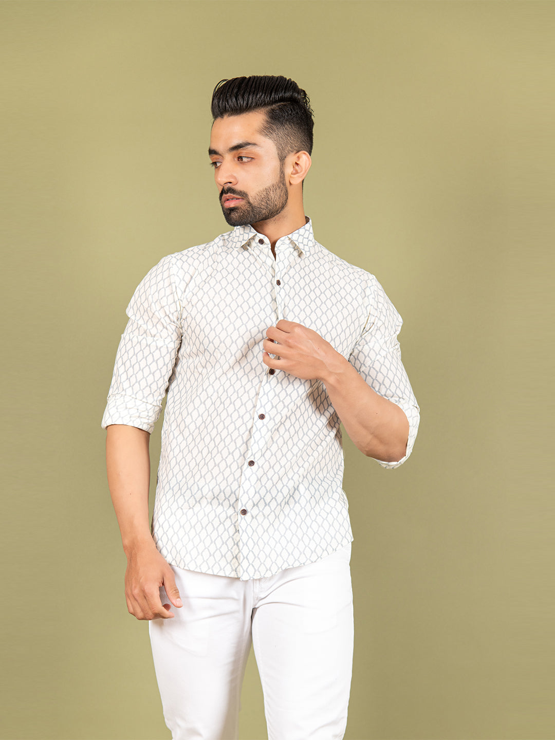 Cotton White Geometric Printed Shirt