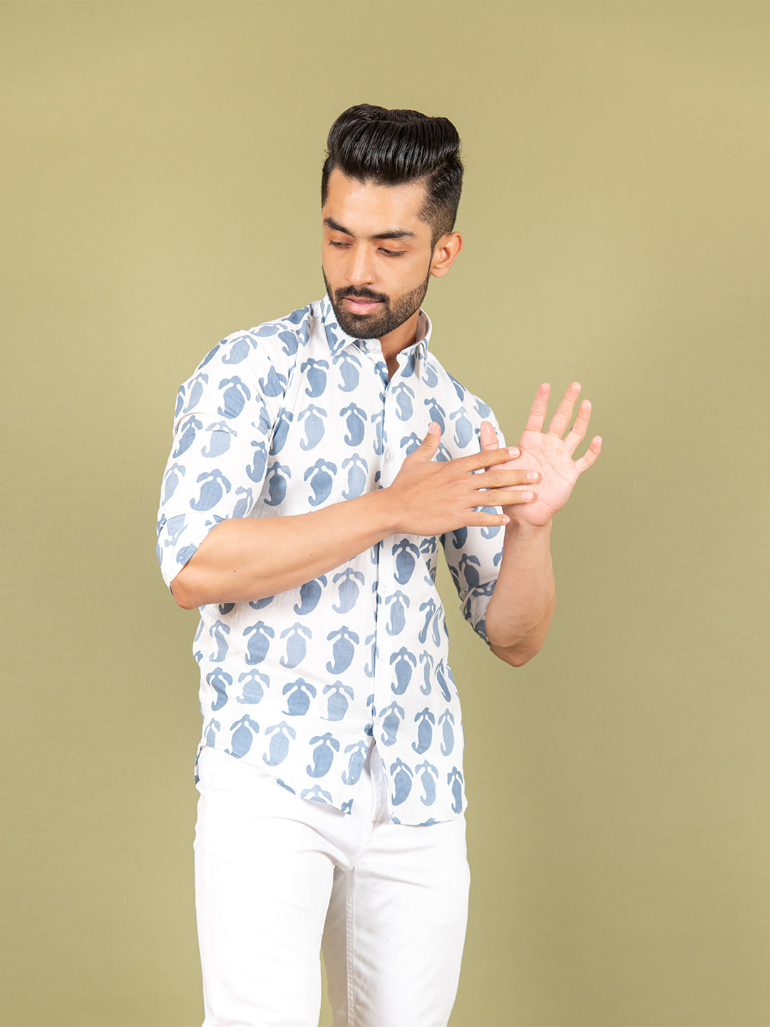 White and Blue Printed Cotton Shirt