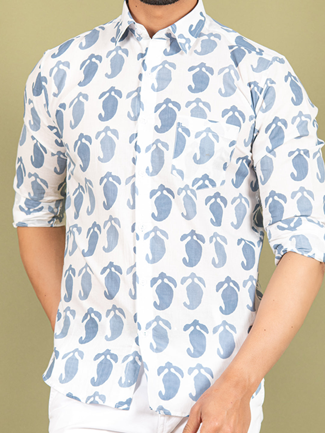 White and Blue Printed Cotton Shirt