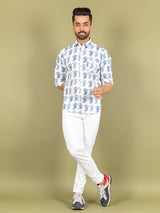 White and Blue Printed Cotton Shirt