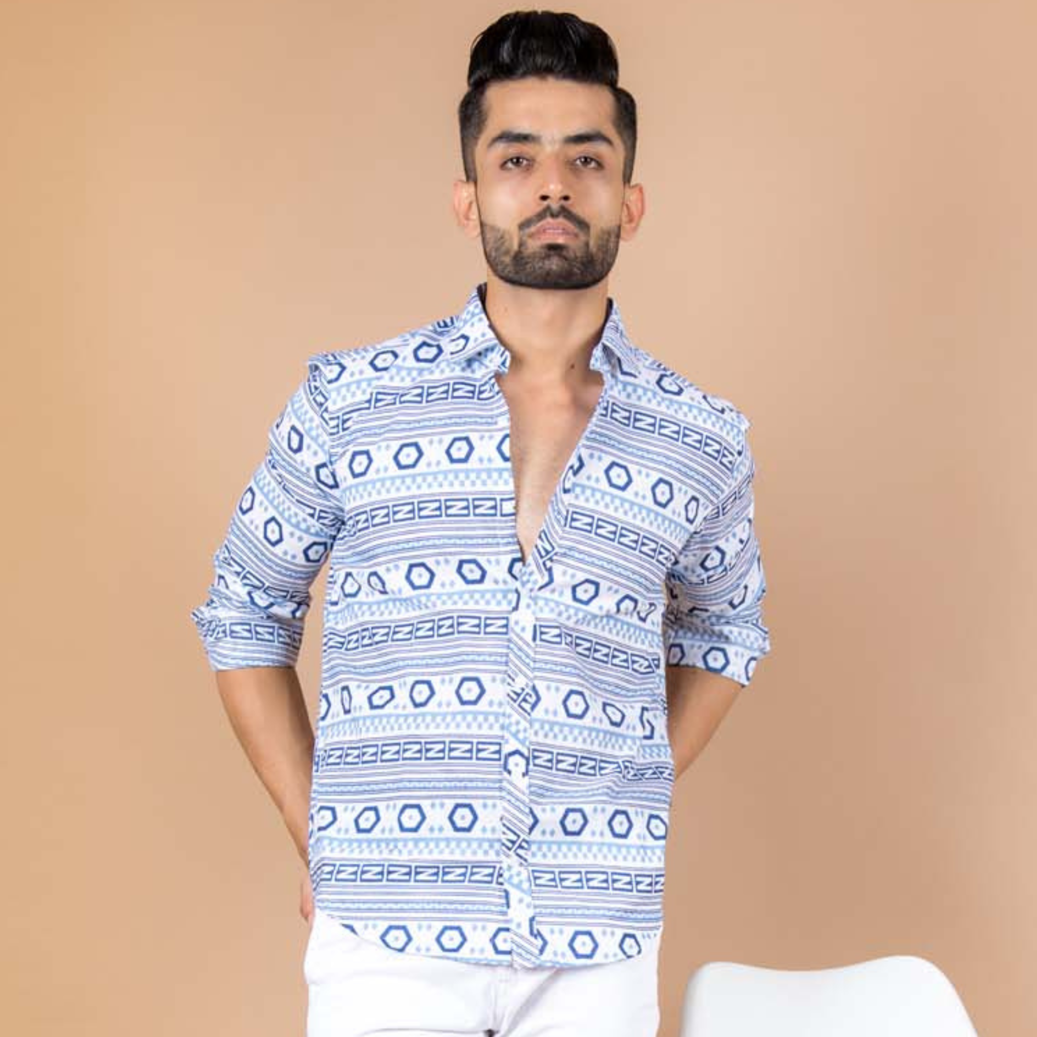 White and Blue graphic Cotton printed Shirt For Men