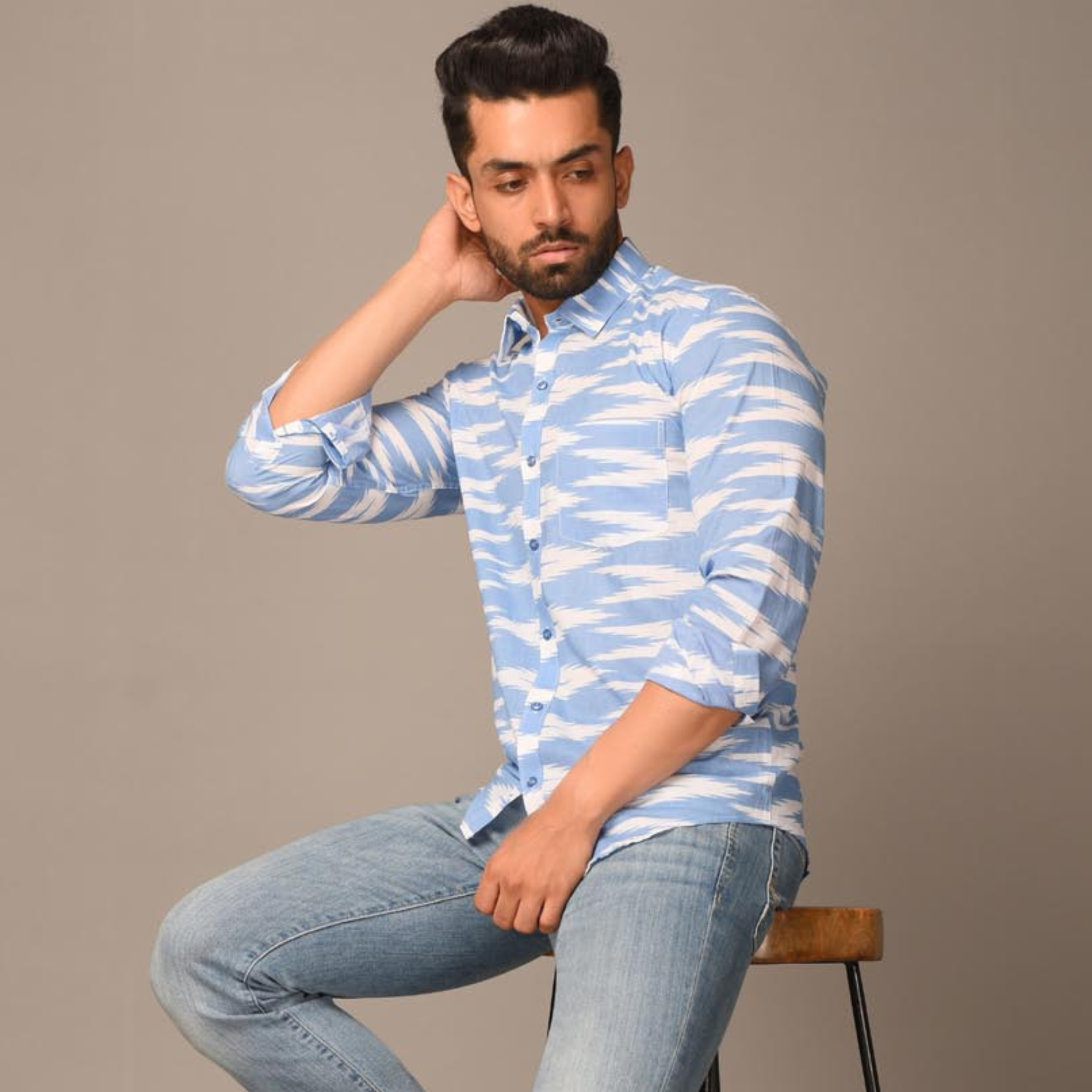 Light Blue Ikat Cotton Printed Shirt