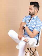 Light Blue Ikat Cotton Half Printed Shirt For Men