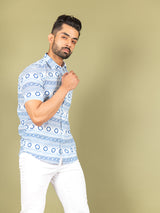 White and Blue graphic Cotton Half printed Shirt