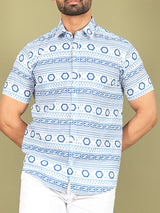 White and Blue graphic Cotton Half printed Shirt