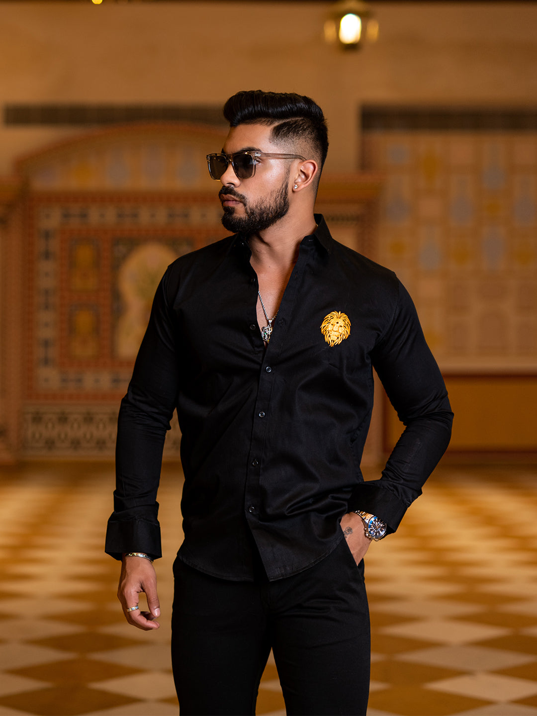 Black Lion Embroidered Giza Cotton Shirt