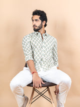 White Cotton Jaipuri Printed Shirts For Men