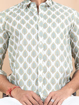 White Cotton Jaipuri Printed Shirts For Men