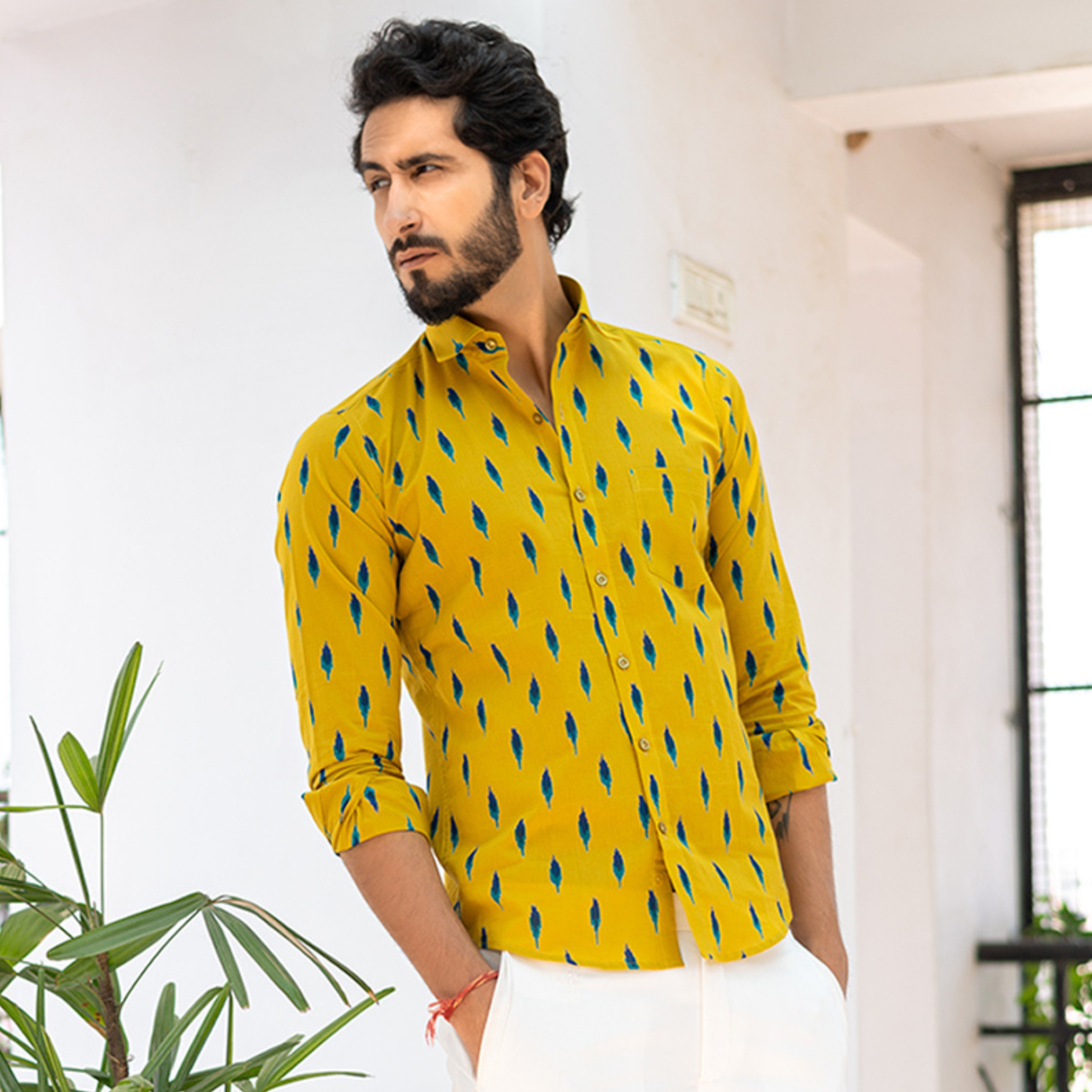 Yellow Jaipuri Cotton Full Sleeve Printed Shirt