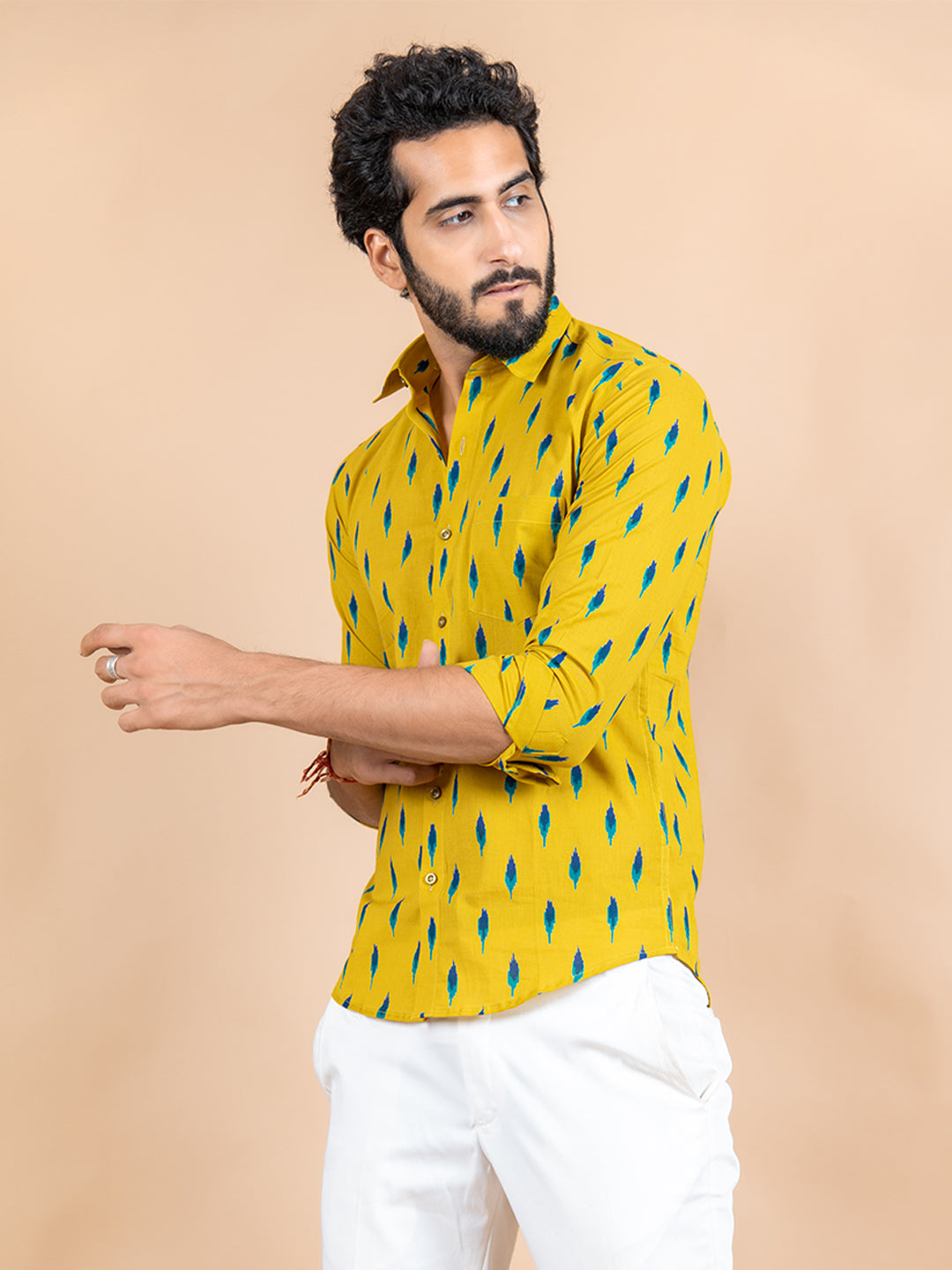 Yellow Jaipuri Cotton Full Sleeve Printed Shirt